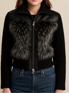 Lisa International Black Leather Faux Fur Zip Up Moto Bomber Jacket Size M